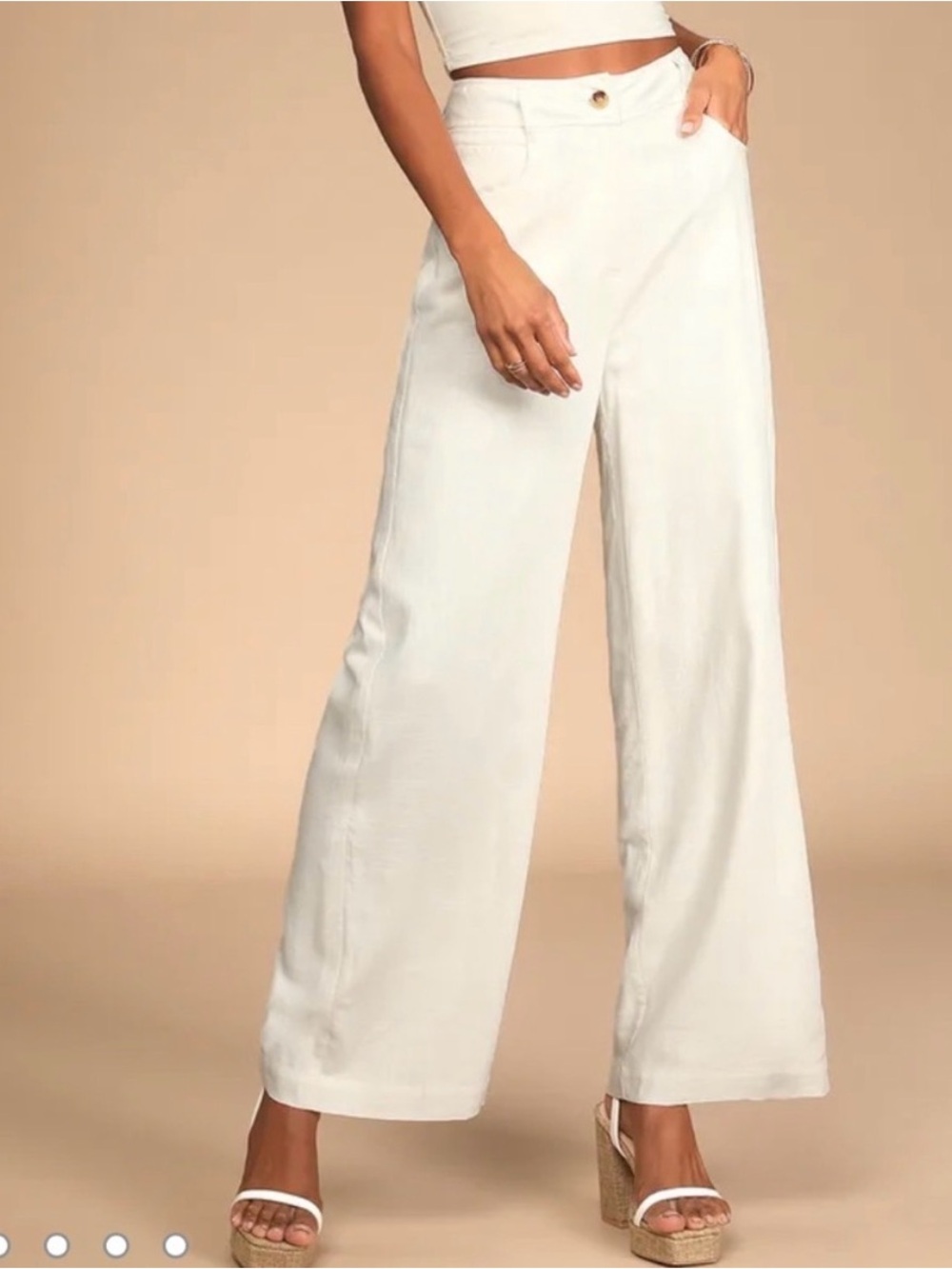 Lulu’s Set for Springtime Ivory High-Waisted Wide-Leg Pants M Linen blend